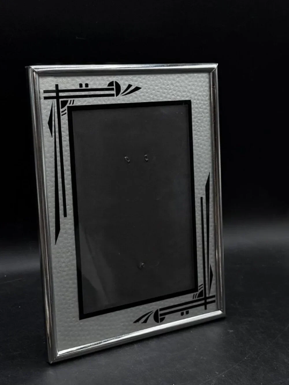 Art Deco Style Picture Frame Silver Black Reverse Painted 7” X 9”
